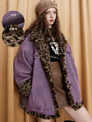 Women Purple Denim Jacket Female Outerwear Long Sleeve Leopard Jean Jacket Harajuku Korean Vintage Fashion Y2k Top 2000s Clothes