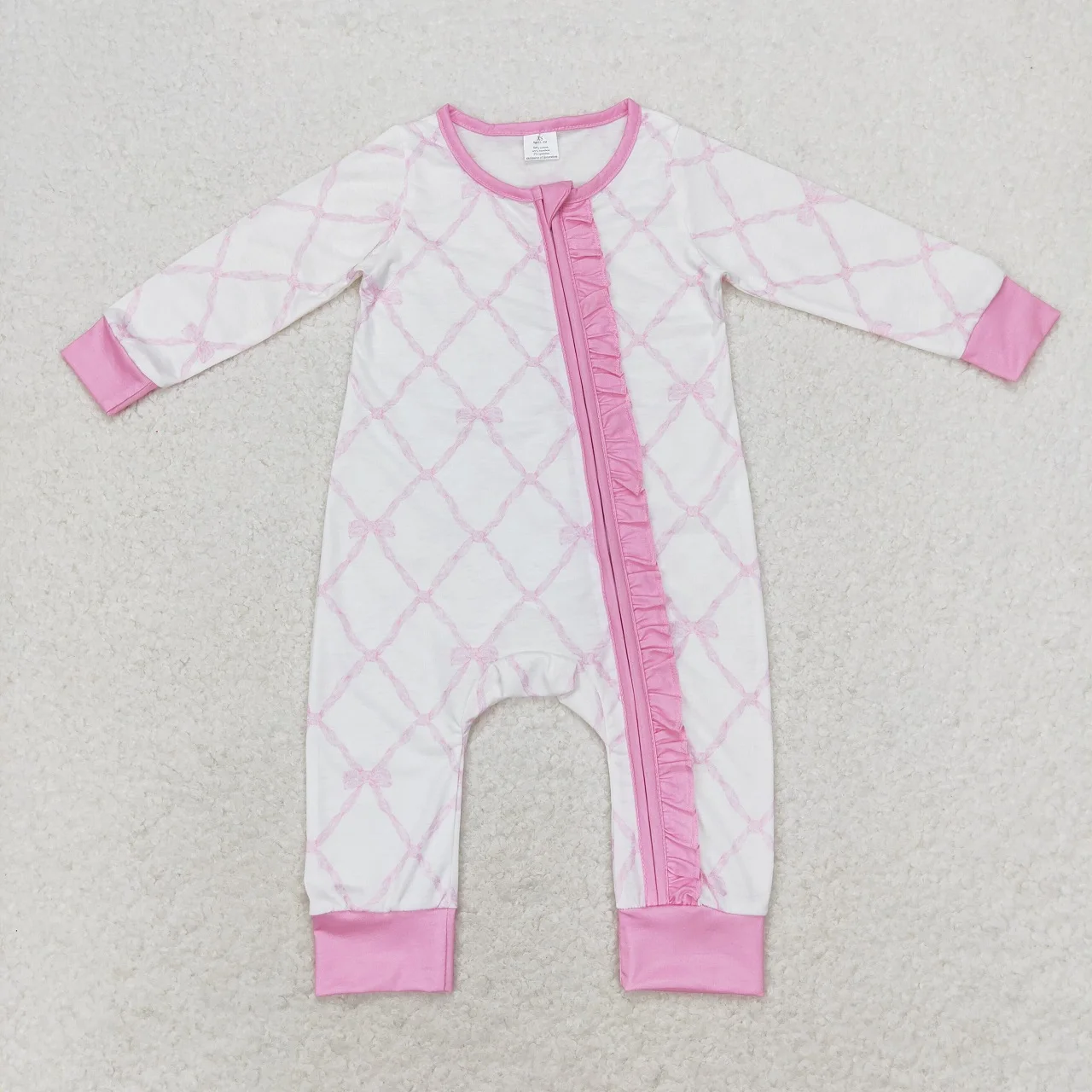 Wholesale Newborn Pink Clothes Kid One-piece Coverall Bodysuit Zipper Long Sleeves Bows Ruffle Jumpsuit Toddler Baby Girl Romper