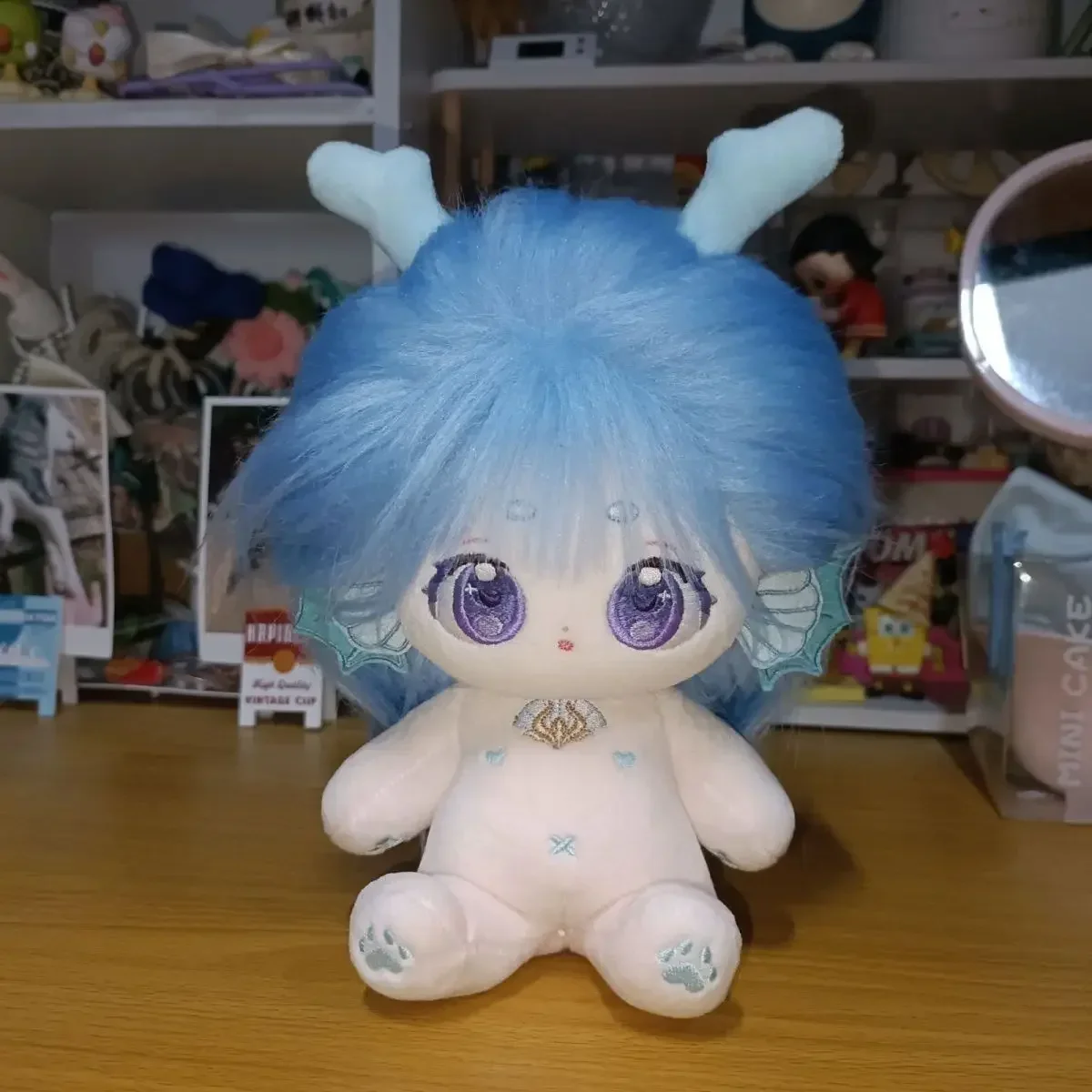 Anime jogo xi shi kawaii cabelo azul menina macio pelúcia algodão boneca corpo vestir-se brinquedos de pelúcia anime cosplay bonecas travesseiro presente 20cm