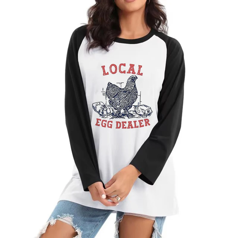 

Women Chicken English Print T-Shirt All Seasons Crew Neck Long Sleeve T Shirt Graphic Vintage Tshirt Y2k Tops Streetwear Clothes