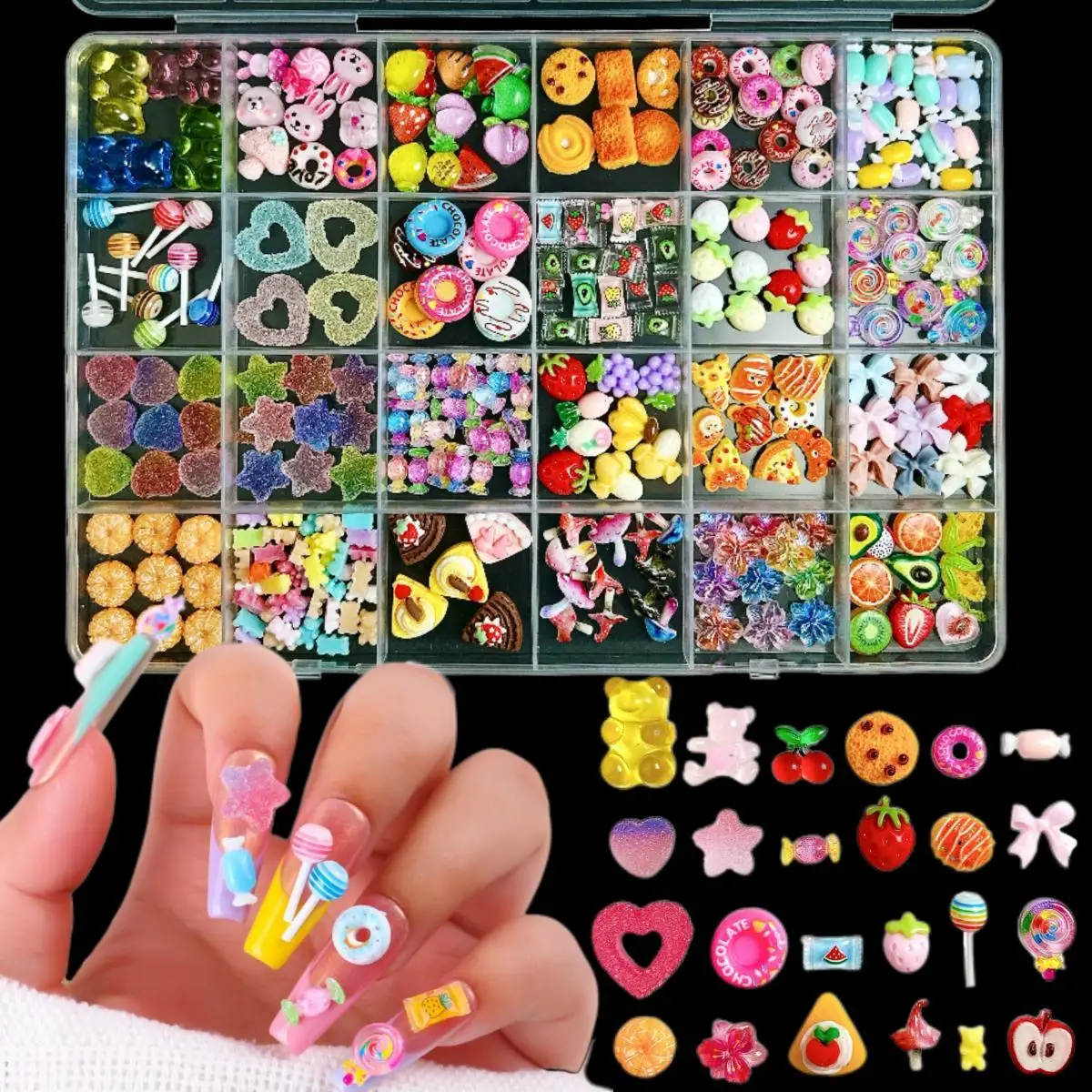 

1Box Dopamine Colored Simulated Candy Orange Resin Nail Charms Cute Creative Mushroom Bow Fruits Mixed Nail Art Decorations DIY