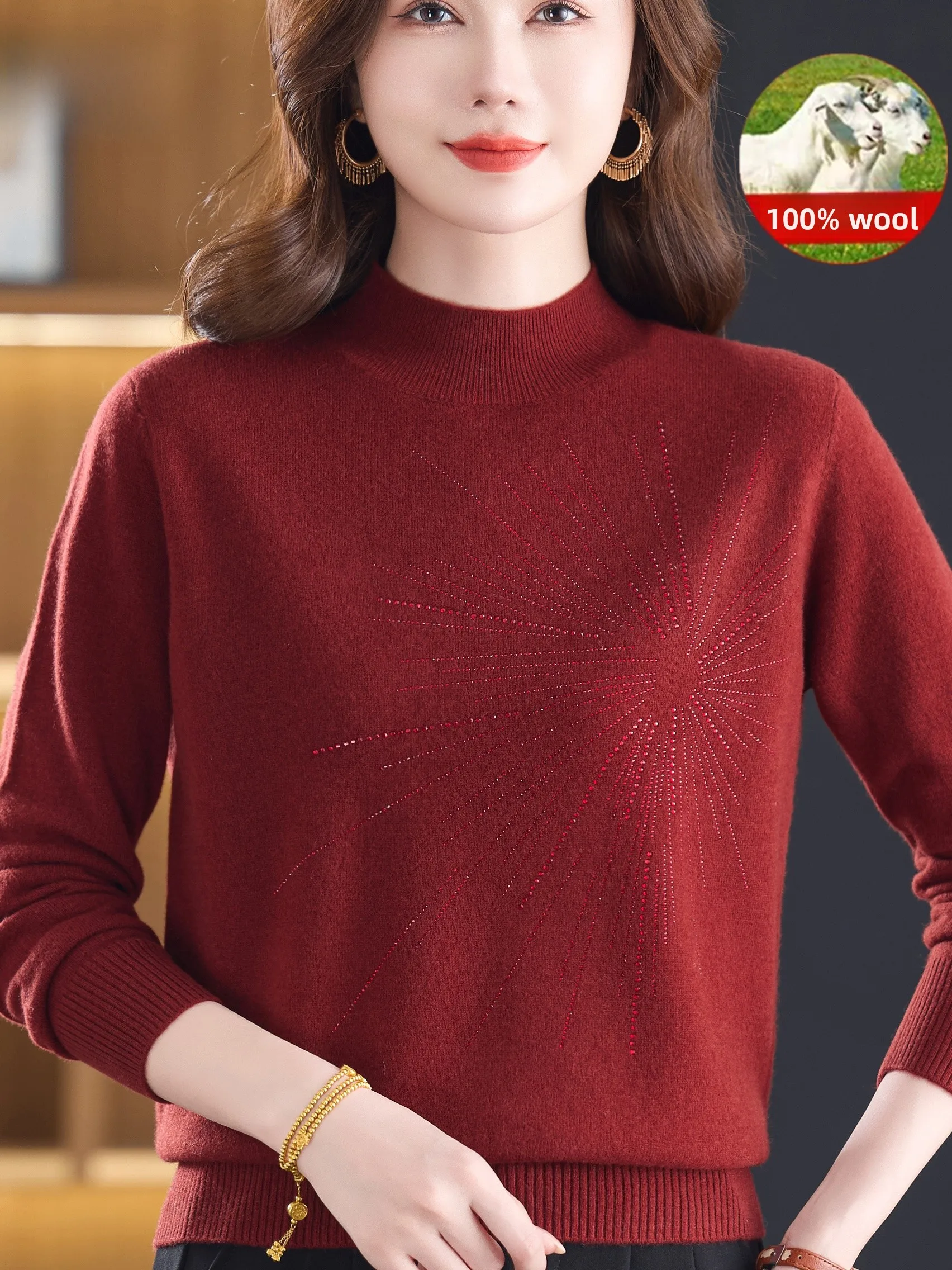 

Autumn Winter Women's 00 Pure Wool Sweater f High Collar Rhinestone Slim Fit Base irt Loose Comfortable Knitted Top