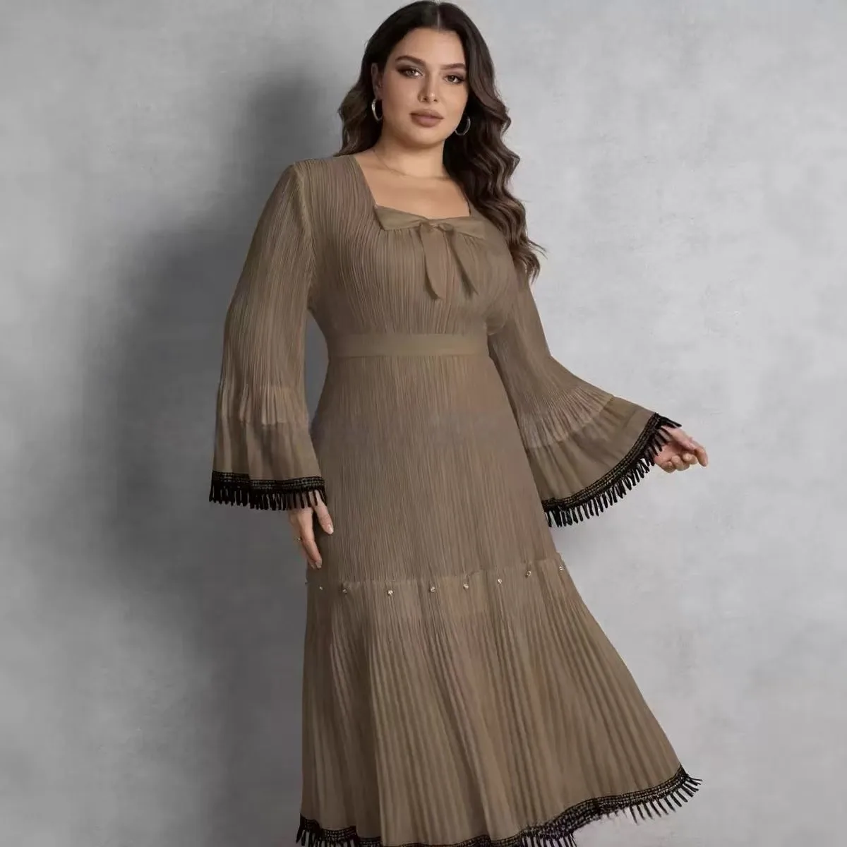 

Miyake Pleated Dress 2026 Spring New Fashion Temperament Slim and Thin Lace-up Medium and Long Fringed Long Dress