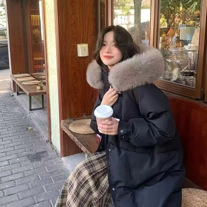 سترة نسائية جديدة لخريف وشتاء 2025 بتصميم متوسط إلى طويل بلون سادة فوق الركبة النسخة الكورية السميكة #2