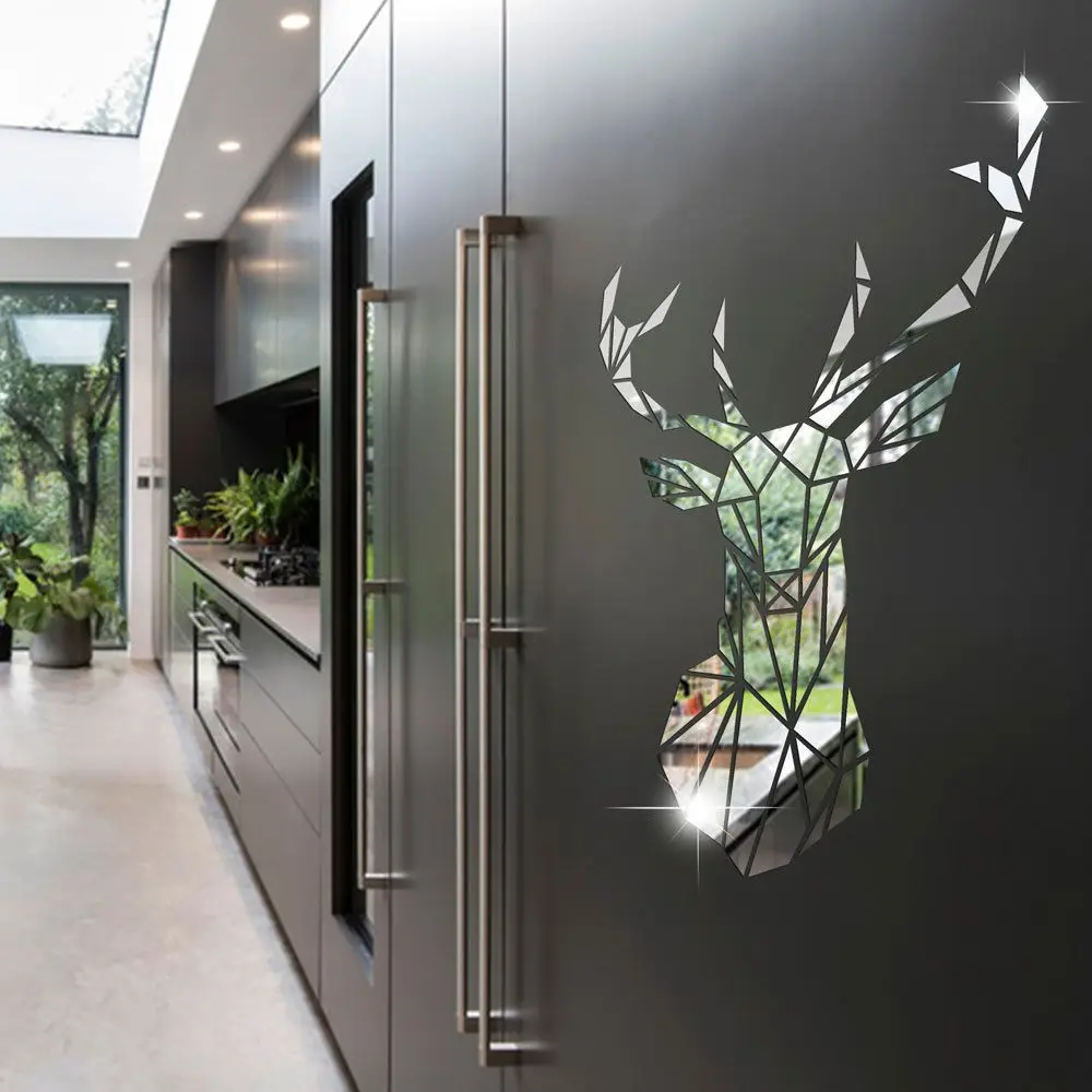 Gift Self-adhesive Modern Style Multiple Sizes Wall Art Mirror Surface Decals Living Room Mural 3D Deer Head Stickers