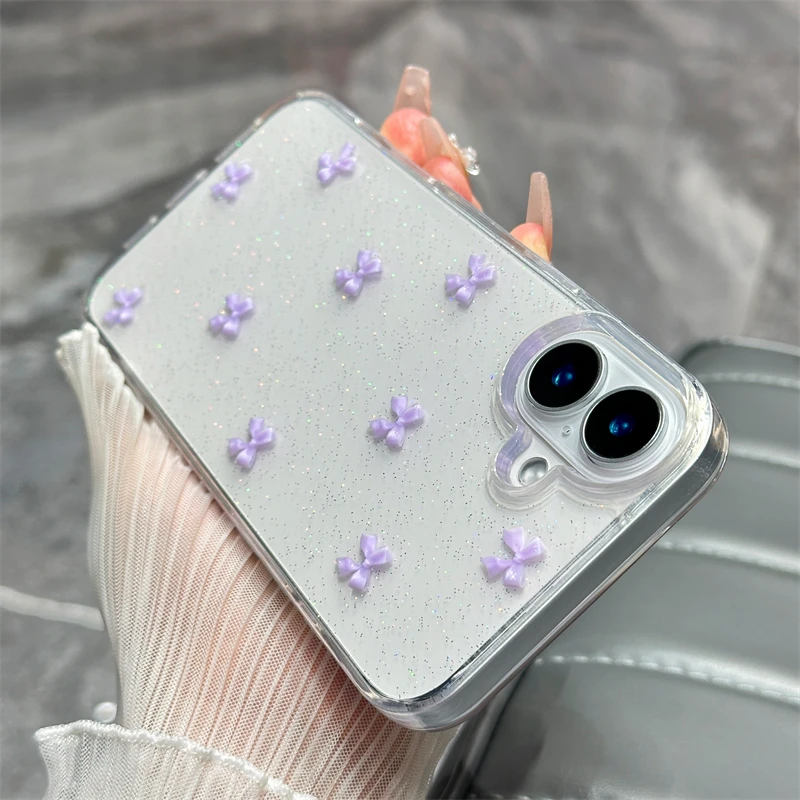 Cute 3D Bowknot Glitter Phone Case For iPhone 16 15 14 13 12 11 Pro Max Plus MiNi 2025 Korean Girl Soft Cover Epoxy Clear Shell