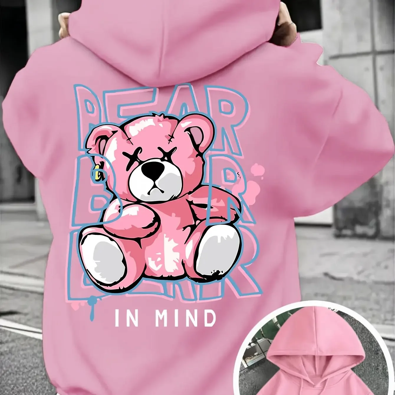 Men Hoodie Pink X‑Eye Stitched Bear BEAR IN MIND Graffiti Back & Chest Print Hooded Sweatshirt Casual Loose Streetwear Pullover