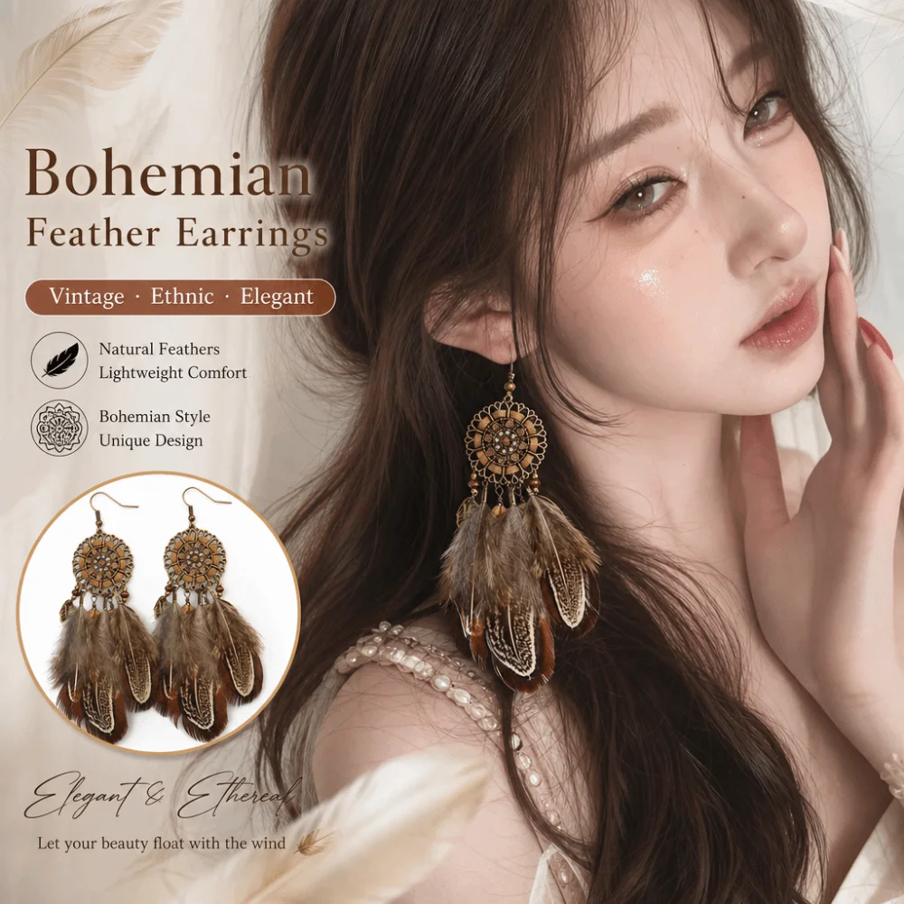 Bohemian Feather Dangle Earrings Rhinestone Crystal Hollow Long Tassel Earrings Jewelry Accessories Dream Catcher