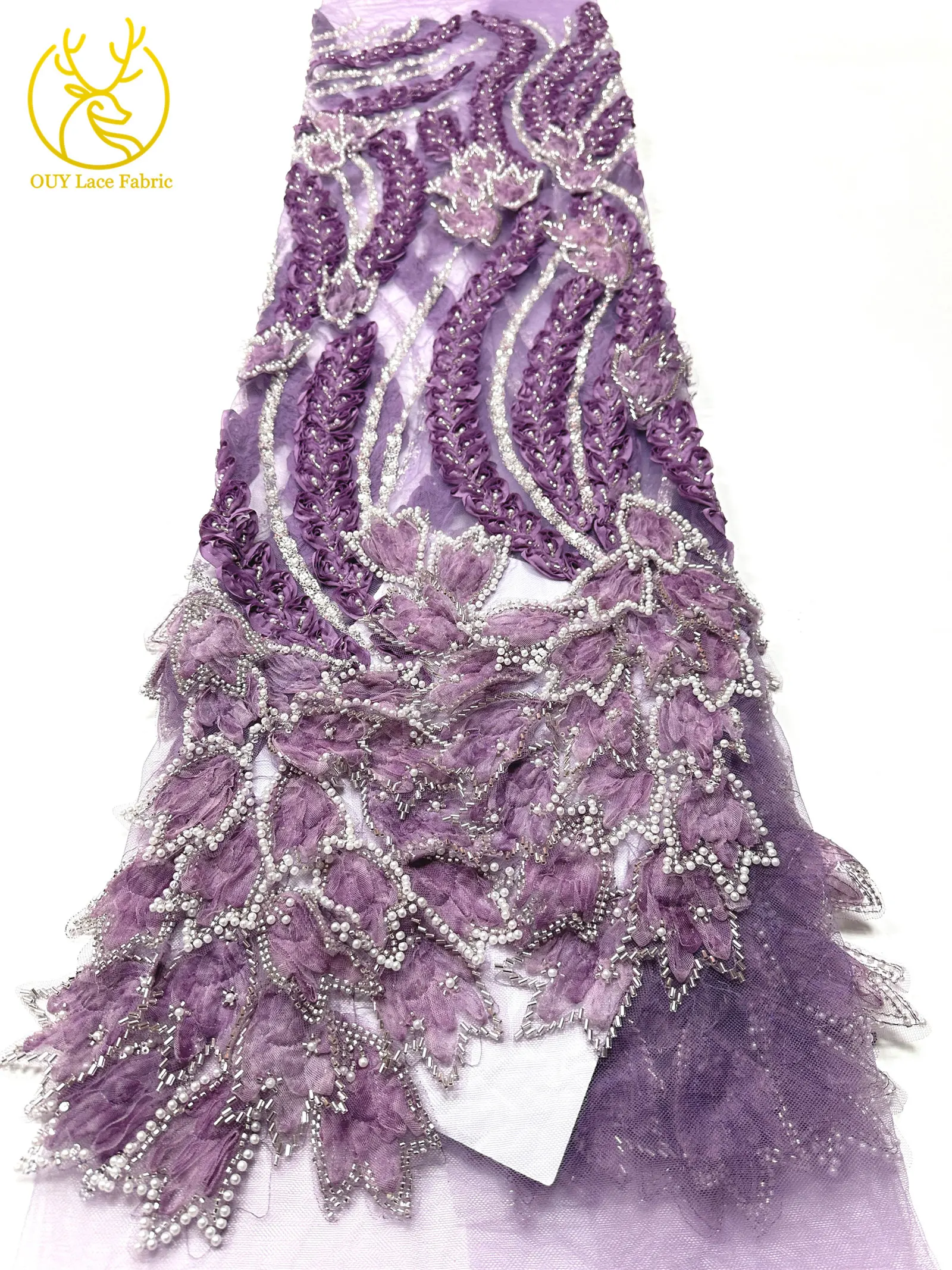 Französischer Luxus 3D-bestickter Perlen-Spitzenstoff, 5 Yards, eleganter afrikanischer nigerianischer Pailletten-Spitzenstoff für Damen, Hochzeits- und Partykleid – Detail 17