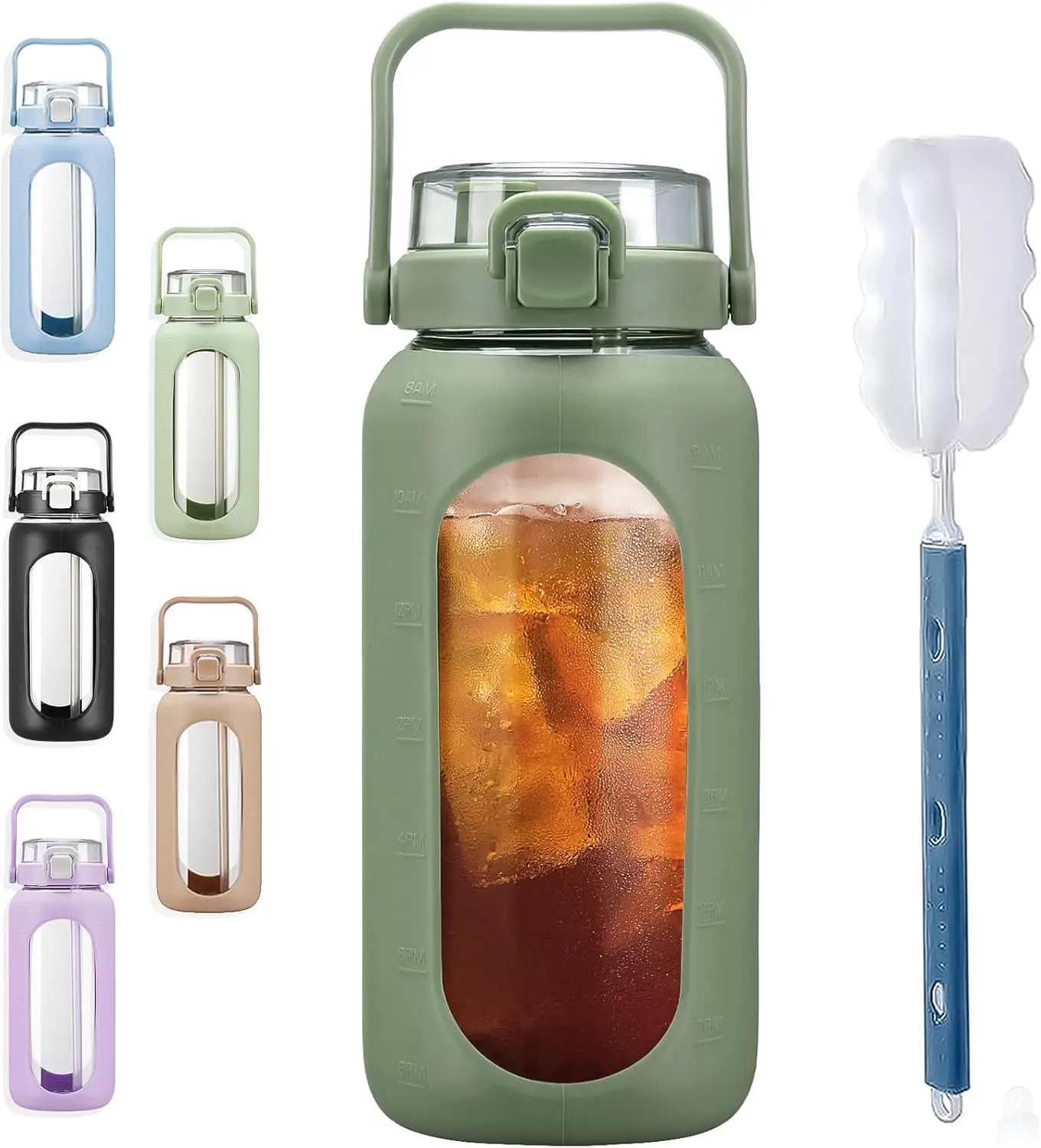 64oz Glass Water Bottle with Straw & Time Marker, 2L Large Glass Jug for Gym, Sports, Daily Use – Olive