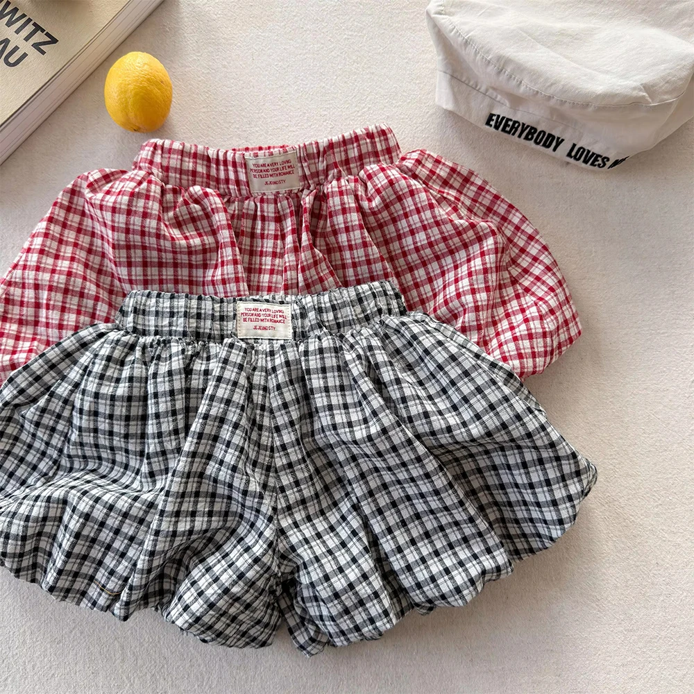 Summer Baby Girls Plaid Shorts 2026 New Korean Style Elastic Waist Lantern Skirt Shorts for Kids Casual Children Clothes Hot Pan