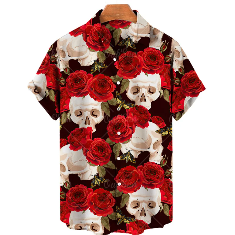 

Men Hawaiian Shirt 3D Skull Print Casual Loose Fit Summer Beach Shirt