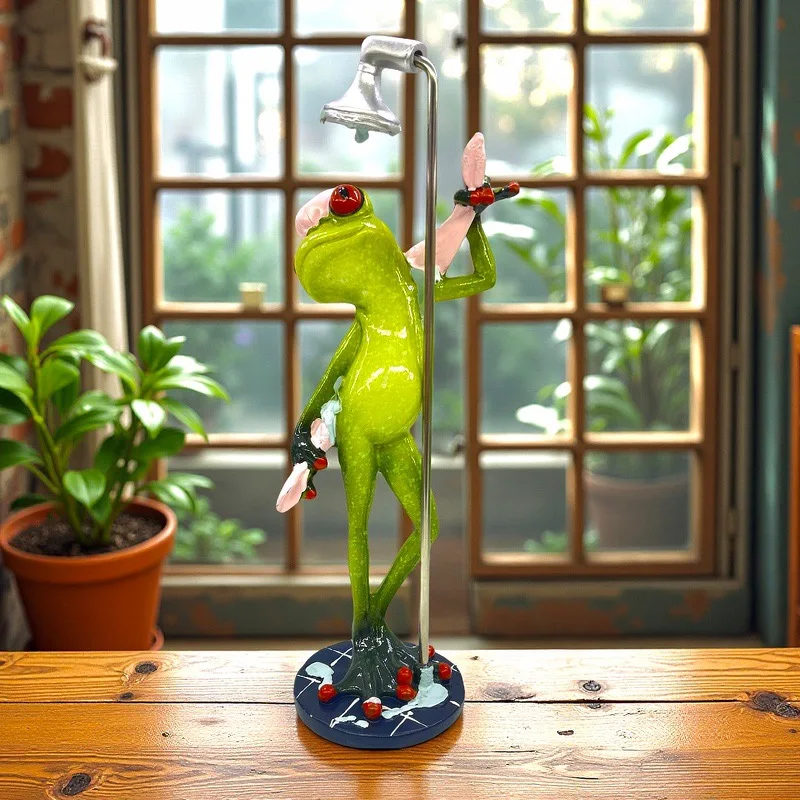 New European Long Leg Frog Statue Creative Shower Frog Lady Figurine Resin Crafts Modern Indoor Home Desktop Bathroom Decoration