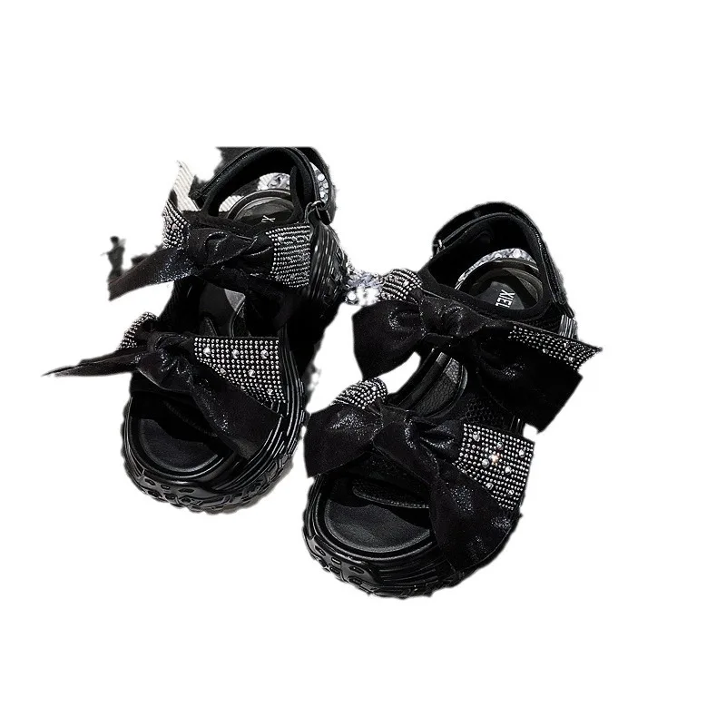 Luxe 2024 Zomer Nieuwe Dikke Zool Casual Sandalen Dames Strik Water Diamant Mode Veelzijdige Dames Sport Sandalen