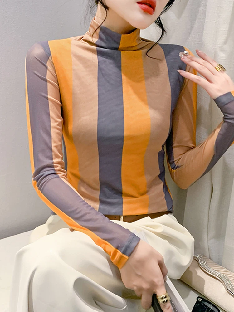 MadBlack New Mock Neck Tshirt Women Stripe Position Print Slim Mesh Tops Long Sleeve Workwear Tight Tee Fall Winter T3N511JD