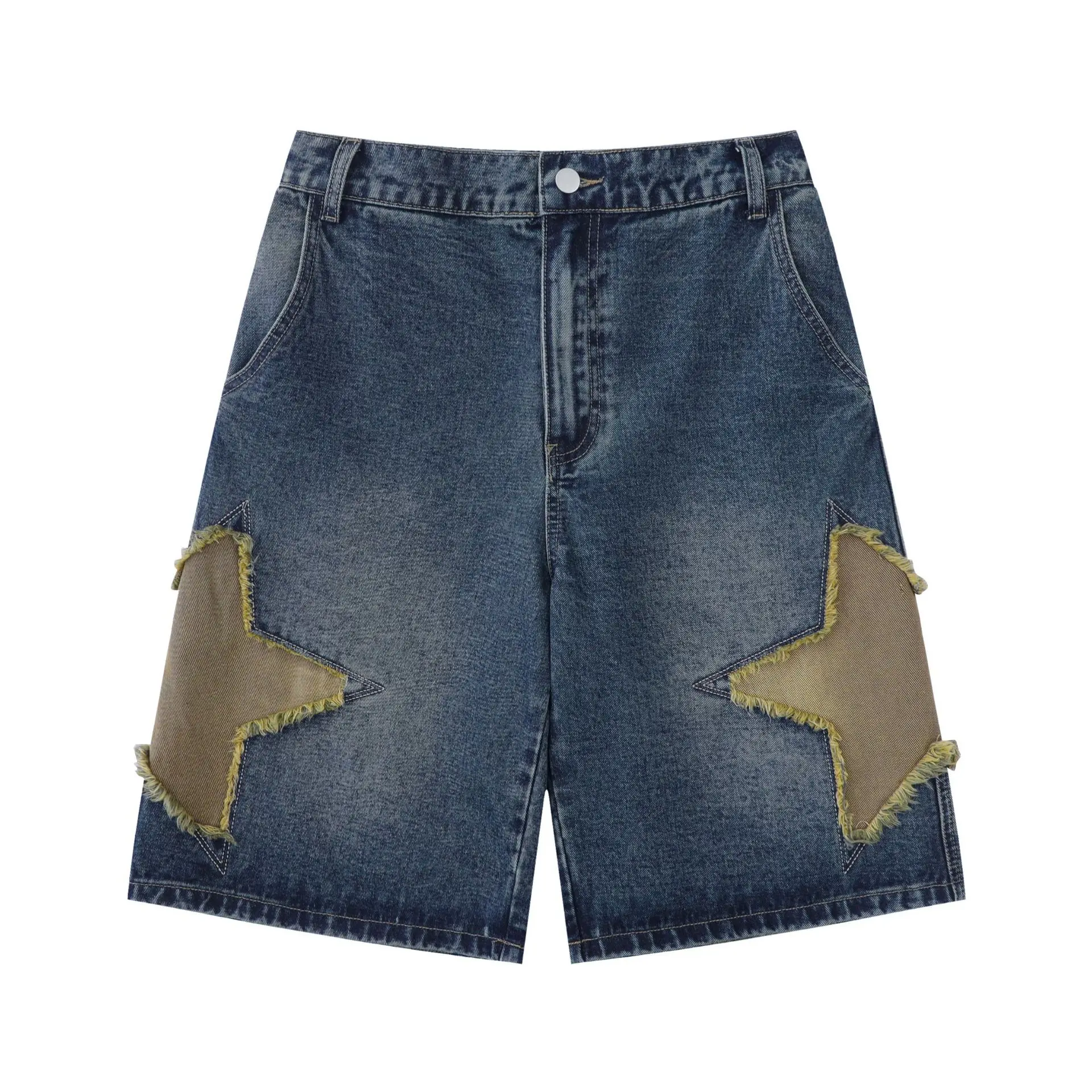 TIDEEKU Mens Summer Casual Shorts Star Embroidered Distressed Loose Cropped Pants Trendy Brand Straight Leg Jeans