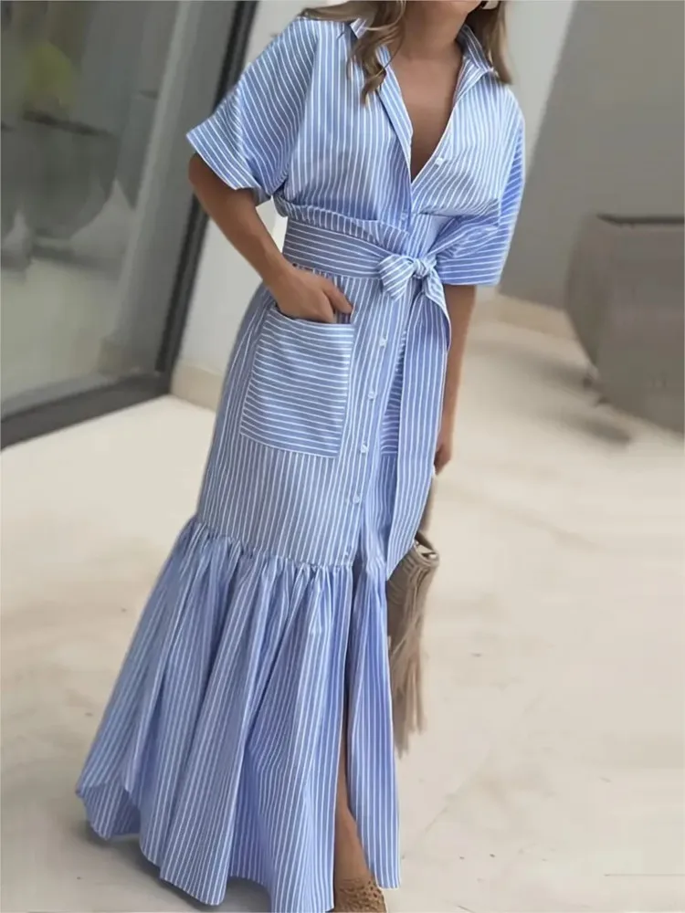 

Lady Striped Ruffles Dress For Women Fashion Long Sleeve Turn-down Collar Button Lace-up Loose Dresses Robe Femme Office Skirts