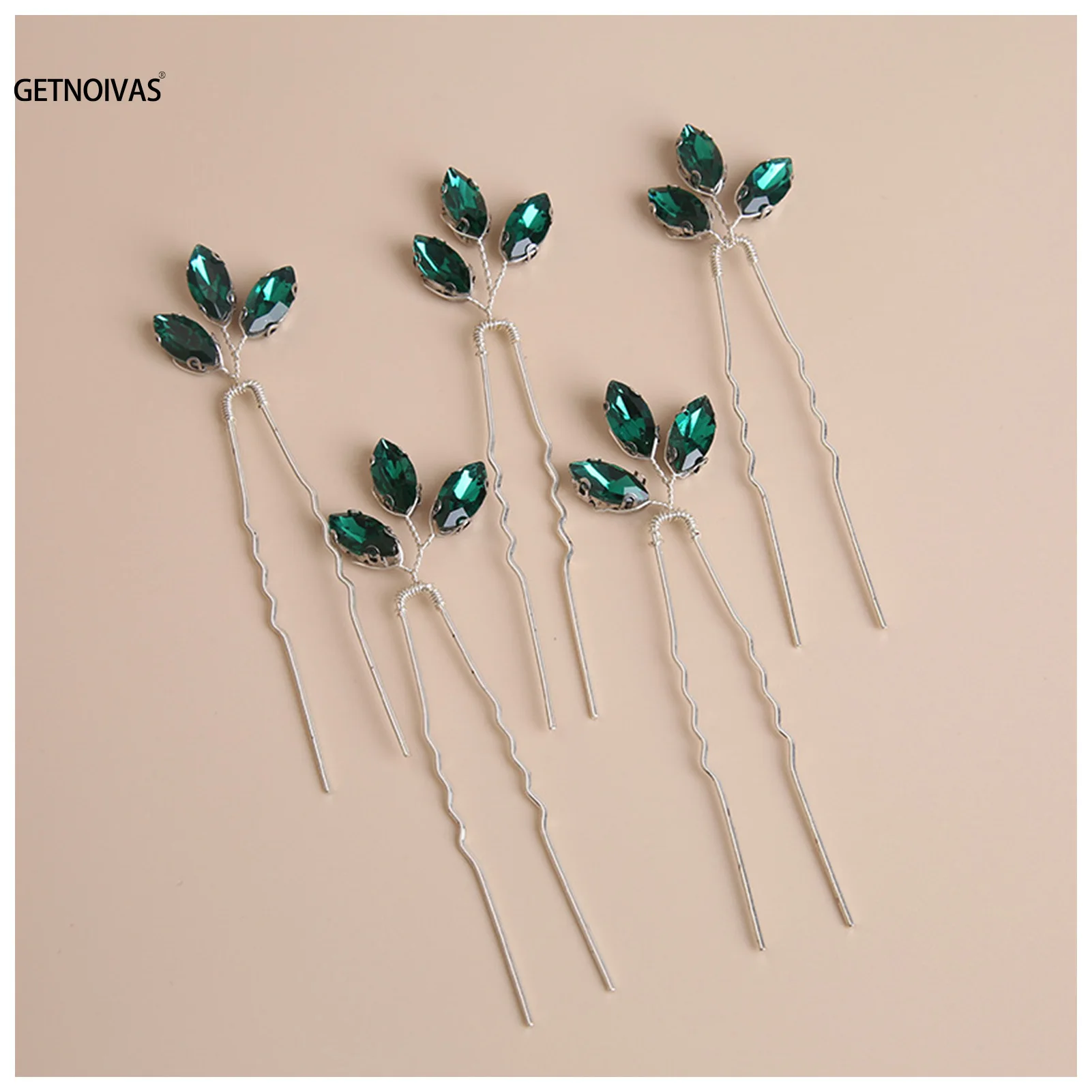 Woman Hair Clip Bridal U Shape Hairpins Handmade Green Rhinestones Hair Chopsticks for Bride Wedding Hair Accessories Jewelry