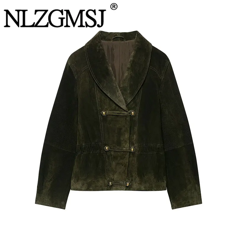 NLZGMSJ 2026 Autumn Office Lady Vintage Women Suede Blazer V Neck Double Breasted Long Sleeve Loose Blazer Fashion Blazer