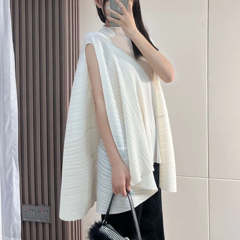 YFPF Mode Off Schulter Design Plissee Bluse Für Frauen Rollkragen Einfarbig Lose Pullover Tops Casual 2025, Sommer 3A302