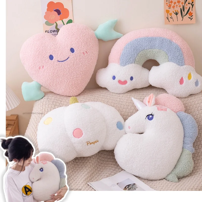 Almohada de felpa suave de arcoíris, cojín de peluche de corazón rosa, calabaza, abrazo, unicornio, juguete de felpa, almohada de masaje para dormitorio de niña