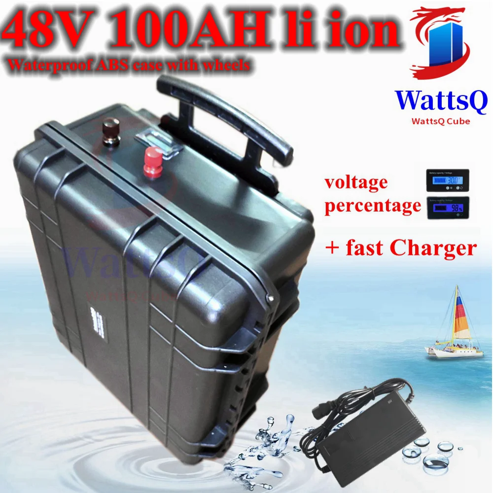 

waterproof lithium ion 48V 100AH li ion BMS Wheeled trolley case for 7000w 5000w Tricycle Cleaning car scooter + 10A charger