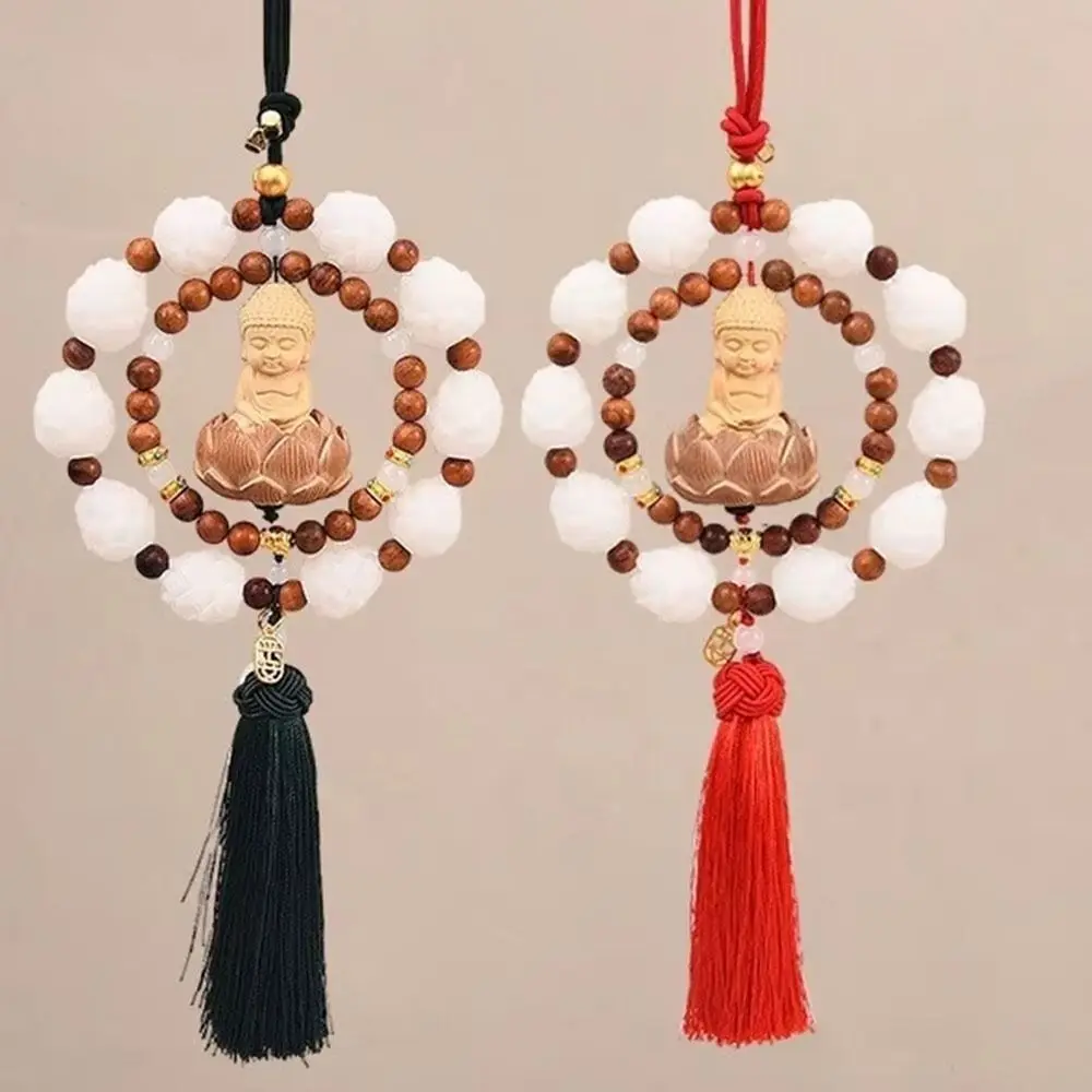 

Solid Wood Buddha Statue Charm Woven Double Circle Creative Design Automotive Decor Little Buddha Boxwood Car Hanging Ornament
