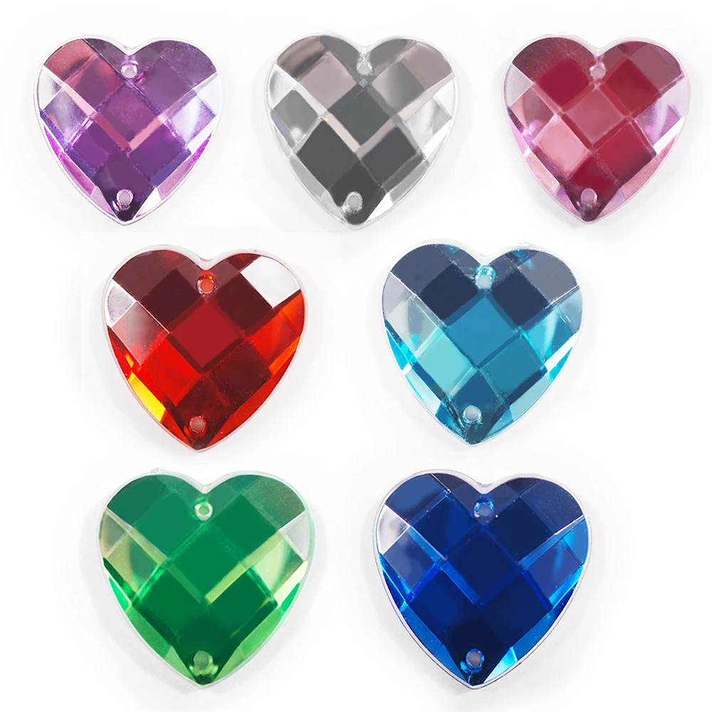 14MM 50Pcs The Shape Of Heart Rhinestone Crystal Flat Base Double Holes Acrylic Stone Grid Plane Gems For Craft DIY Sewing