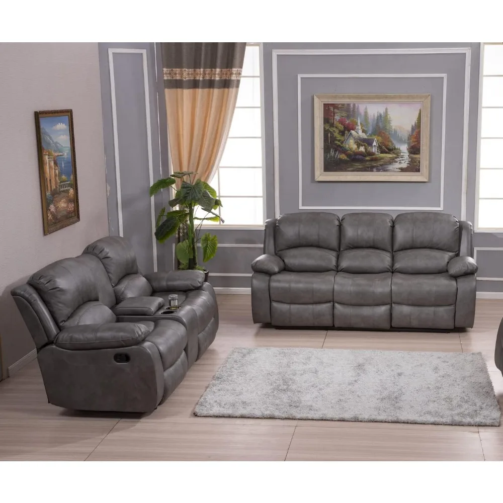 

Furniture 2PC Bonded Leather Reclining Sofa Loveseat Set,(Gray), Living Room Sofa Set