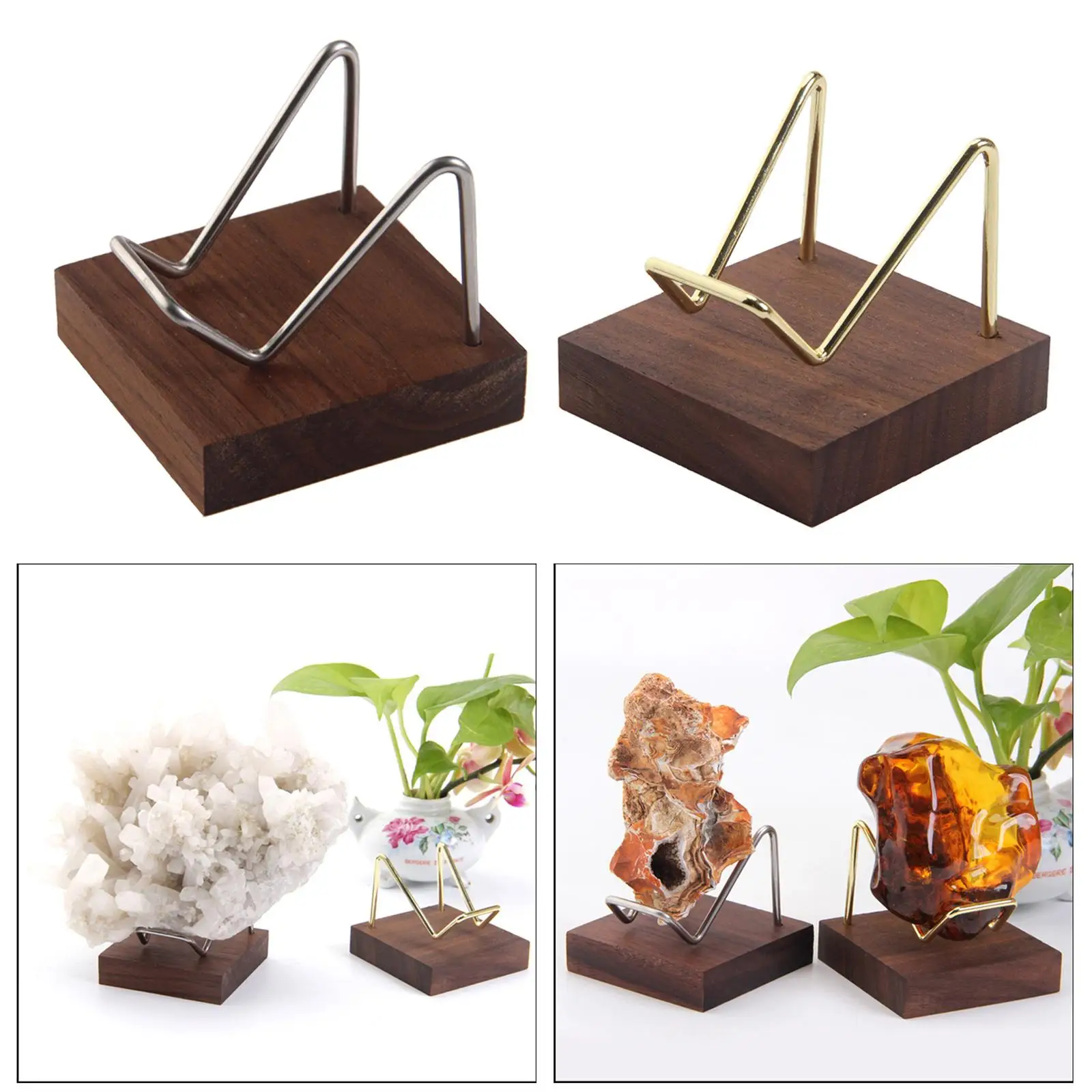 Stainless Steel Crystal Holder Acrylic Mineral Display Stand Walnut Rack Base for Collectible Rocks Fossils