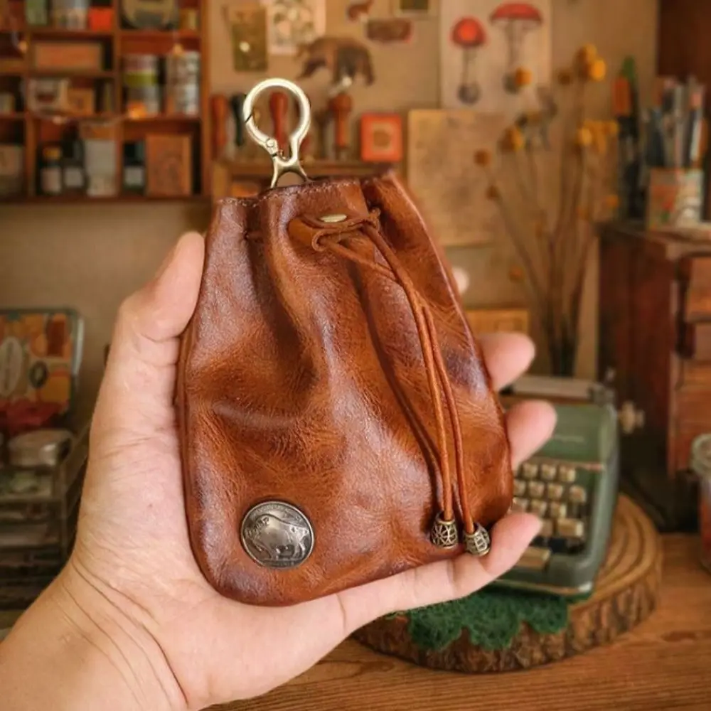 Exquisite Vintage Drawstring Key Wallet Retro Mini Pouch Change Purse Multifunction PU Coin Organizer Waist Bag for Women