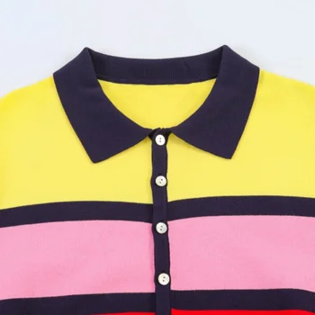2026 New Dopamine Color Striped Polo Knit T-shirt Women Short Sleeve Lapel Knit Top Casual Daily Wear Outfits Summer Fashion 3