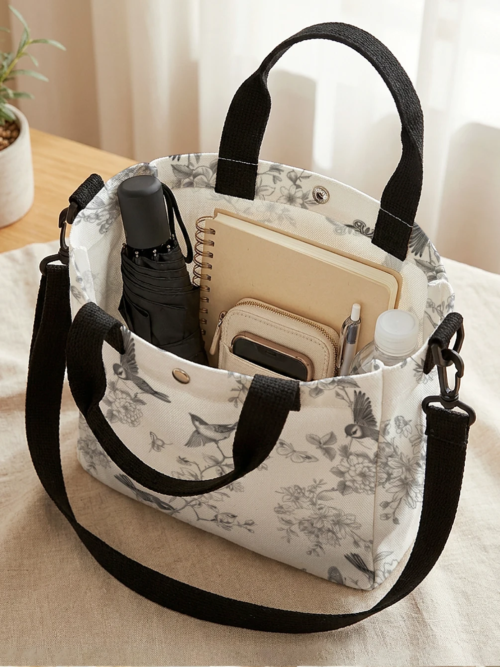 Black Sketch Bird Butterfly Floral Canvas Tote Bag Detachable Strap Crossbody Handbag For Women Daily Shopping