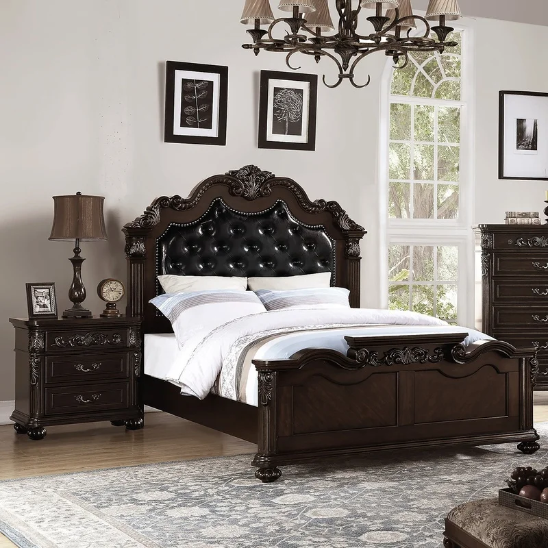 

Traditional Antique Cherry Queen Bed with Faux Leather Tufting and 2 Nightstands 3-Piece Bedroom Set