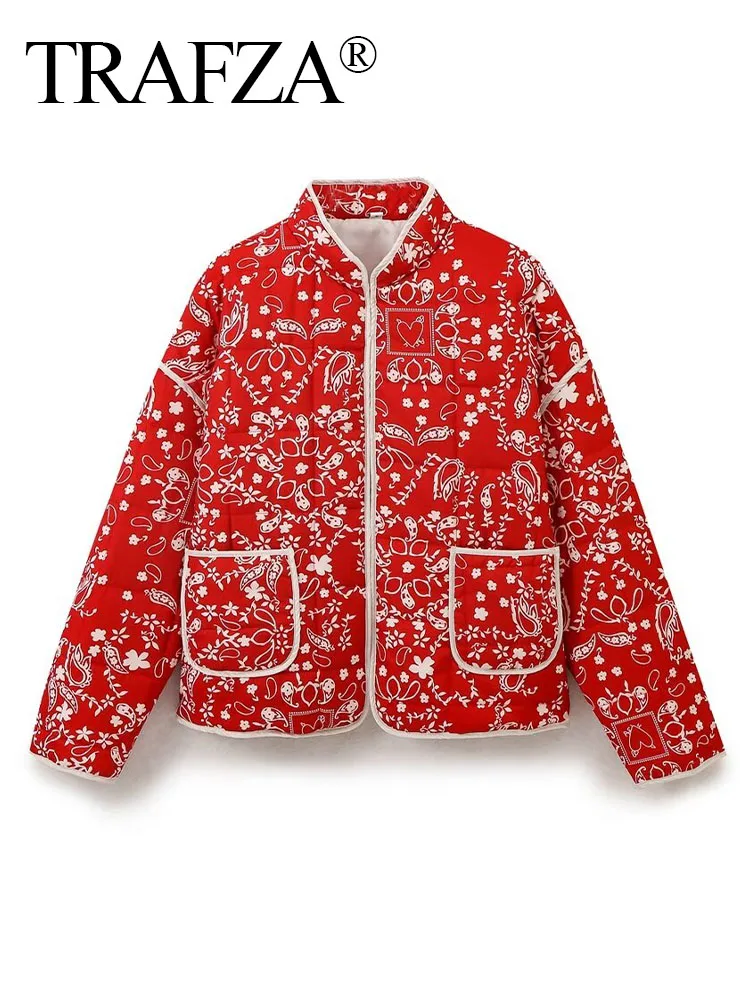 TRAFZA Winter Female Fashion Floral Print Pockets Stand-up Collar Quilted Jacket Cotton Coat Long Sleeve Warm Top Mujer 5-color