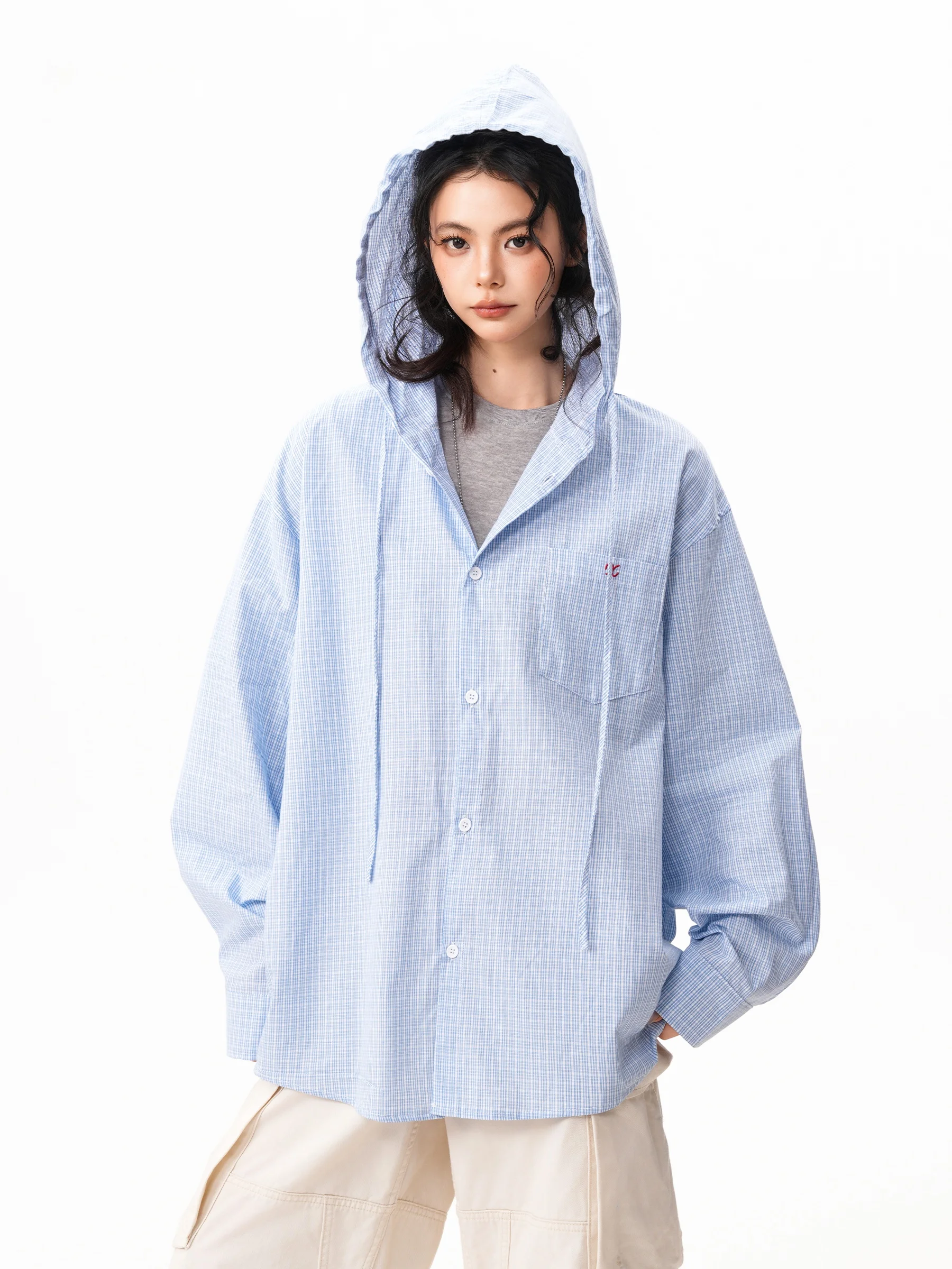 

Свободная рубашка-кардиган унисекс с длинным рукавом, в клетку, с капюшоном, весенняя, повседневная, из смесового полиэстера и хлопка, с защитой от солнца, с круглым вырезом