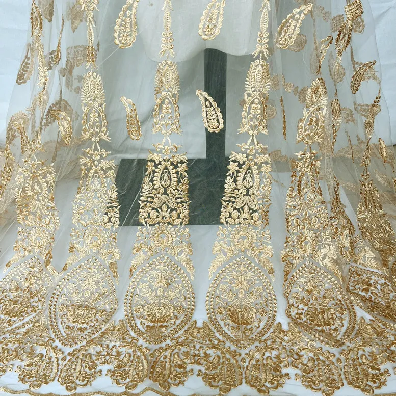 White Black Base Tulle Embroidery Fabric, Gold Thread Embroidered Mesh Cloth, Designer Fabric, DIY Sewing Material for Women