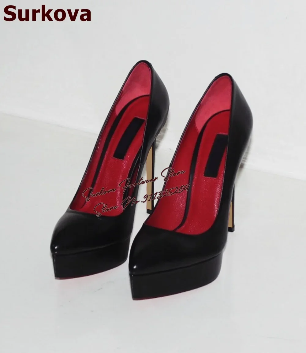 

Surkova Black Matte High Heel Platform Dress Pumps Pointed Toe Slip-On Banquet Shoes Red Inside Elegant Footwear Slip-On