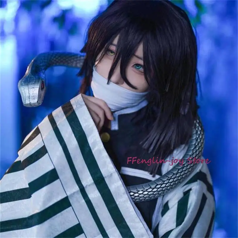 Uniforme de Kimono de Anime Iguro Obanai, peluca de Cosplay, accesorios de Serpiente Blanca para fiesta de Halloween