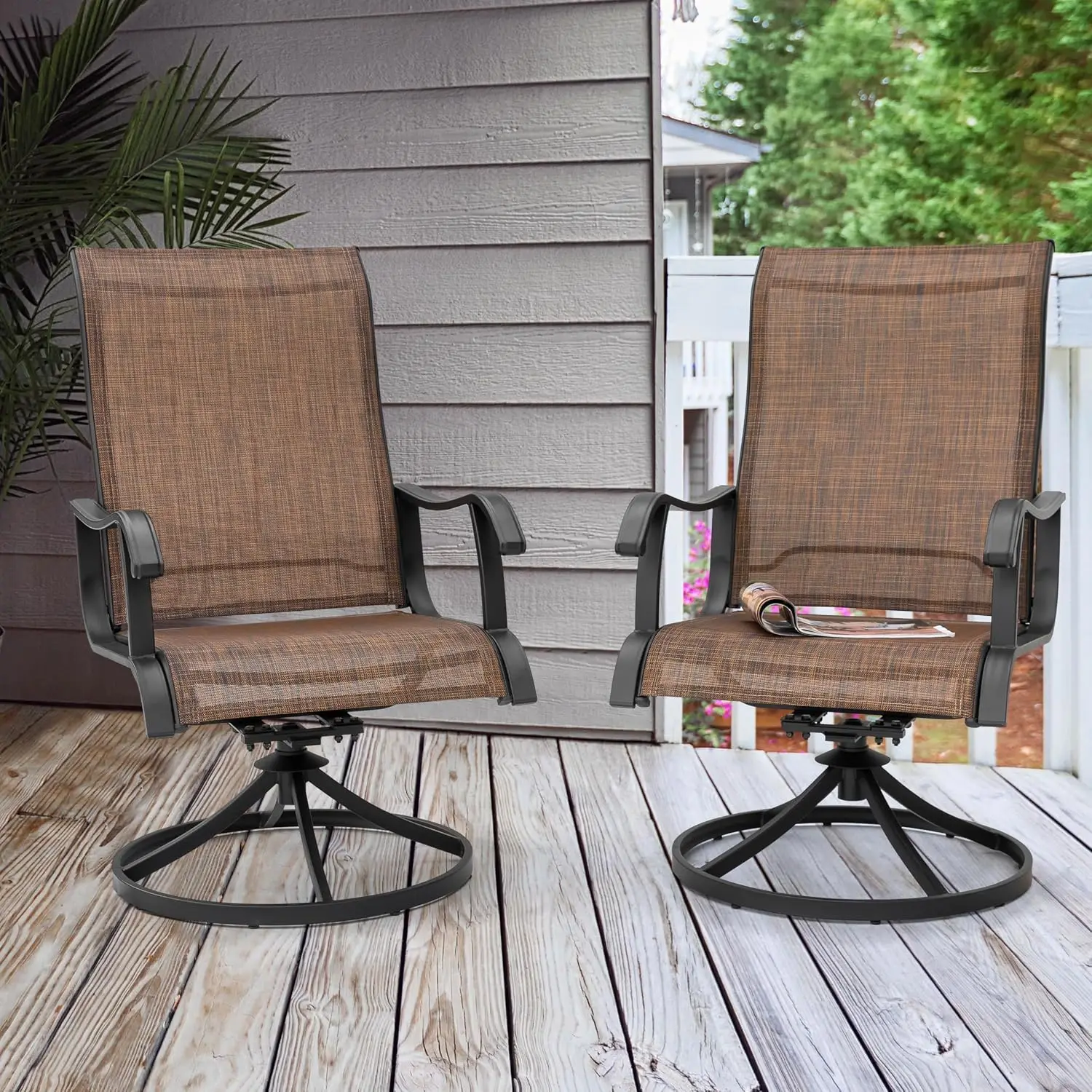 Patio Swivel Chair Set of 2, Outdoor Swivel Rocker Dining Chairs with All-Weather Textilene High Back and Metal Frame