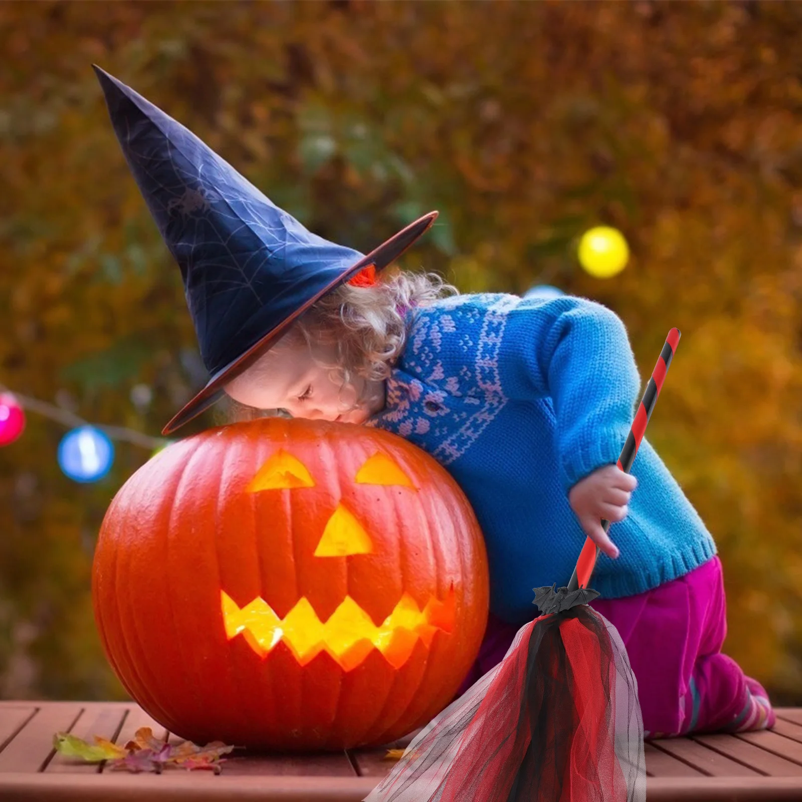 

1Pcs Halloween Bat Broom Premium Material Durable Long Term Use Props Broom Decor for Halloween Ribbon Striped Handle
