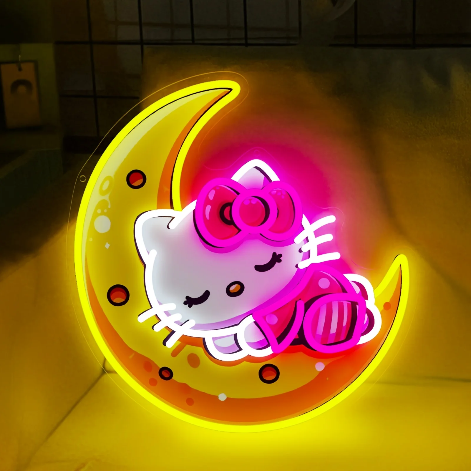 

Светодиодная неоновая вывеска Hello Kitty на Луне с розовым бантом, милый ночник для декора спальни, подарок для девочек, освещение для комнаты, украшение для дня рождения