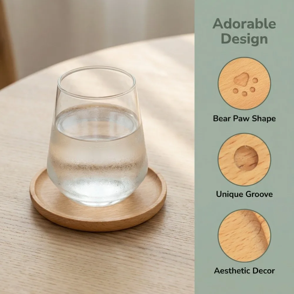 Beech Wood Wooden Coaster Bear-paw Shaped Anti-slip Heat Insulation Coaster Heat-insulating Wooden Anti-slip Coaster Coffee Bar