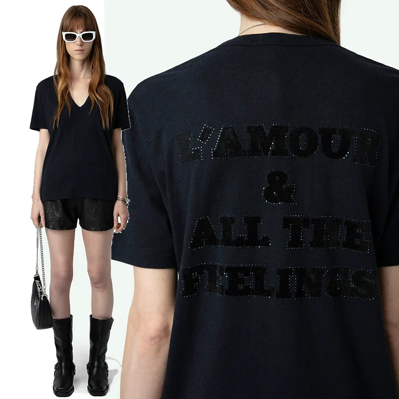 

Women Navy Blue V-Neck T-Shirts Casual Cotton Tees Back Letter Diamonds T Shirt Female Short Sleeve Tops 2025 New T-Shirt