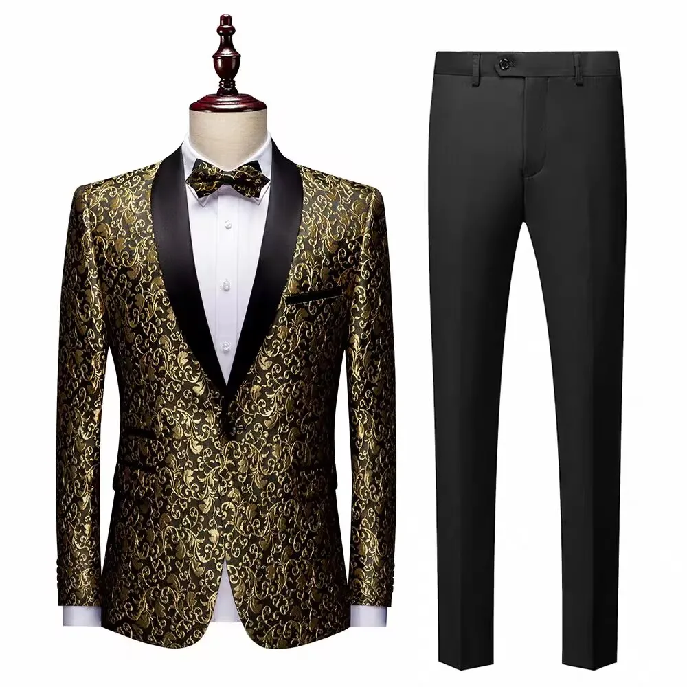 

2024 Tailor-Made Gold Floral Wedding Suits For Men 2 Pieces Sets Shawl Lapel Groom Tuxedos Groomsmen Slim Fit Costume Homme