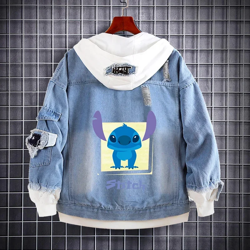 Sanrio Stitch Denim Hooded Coats Cute Cartoon Sweatshirts Kids Kawaii Anime Print Design Jacket Casual Streetwear Coat For Men