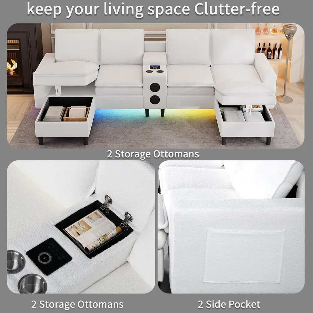 أرائك مقطعية لغرفة المعيشة، أريكة مقطعية مكونة من 4 مقاعد مع وحدة ذكية - مكبر صوت بلوتوث / ضوء RGB / محطة شحن #6