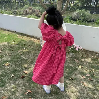 Rose Pink Plaid Bow Dress 4 Bear Leader Rose Pink Plaid Bow Dress Elegant Lolita Child Big Girls Midi Dress Children Dresses Teens Party Princess Sundress 4