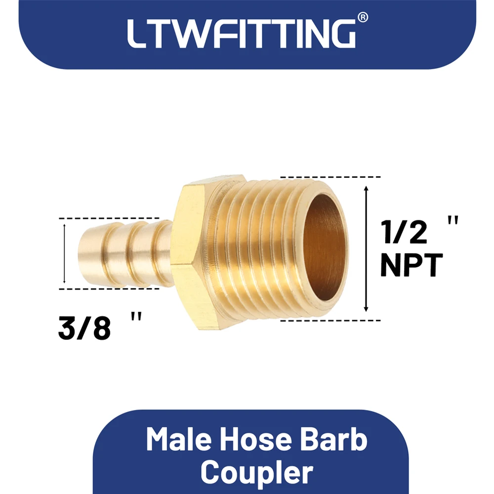 LTWFITTING Brass Barb Fitting Coupler 3/8-Inch Hose ID x 1/2-Inch Male NPT Fuel Gas Water(Pack of 200)