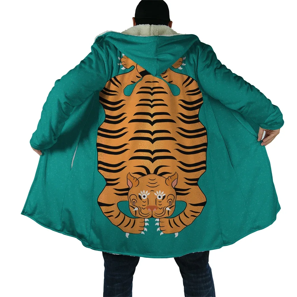 CLOOCL Men Winter Hooded Cloak Funny Cartoon Tiger Skin Graphic 3D Printed Fleece Overcoat Thick Warm Hood Cloak S-5XL